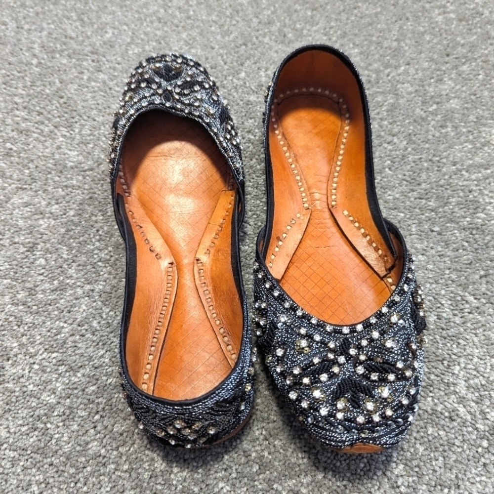 Traditional black and silver beaded leather handmade shoes size 8